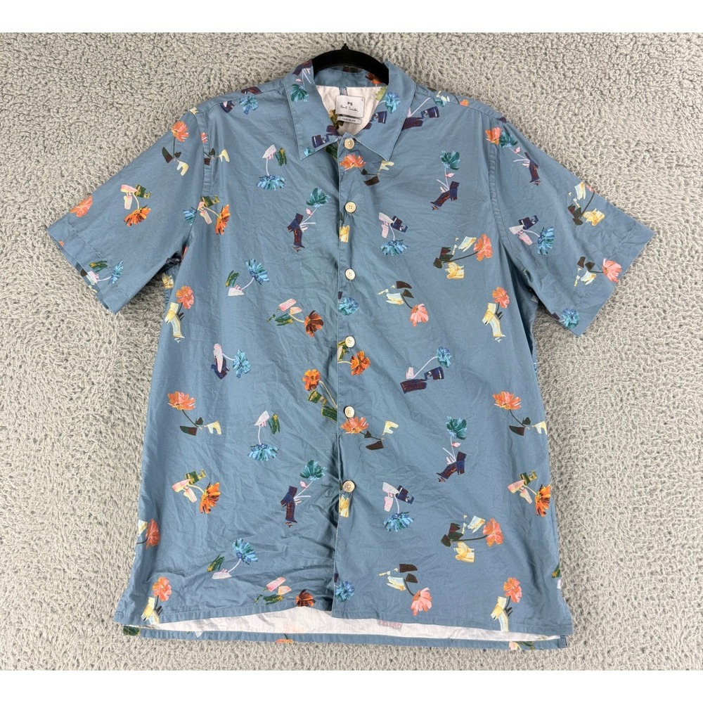 PS Paul Smith Button Up Shirt Mens Small Blue Floral Organic Cotton Casual Fit